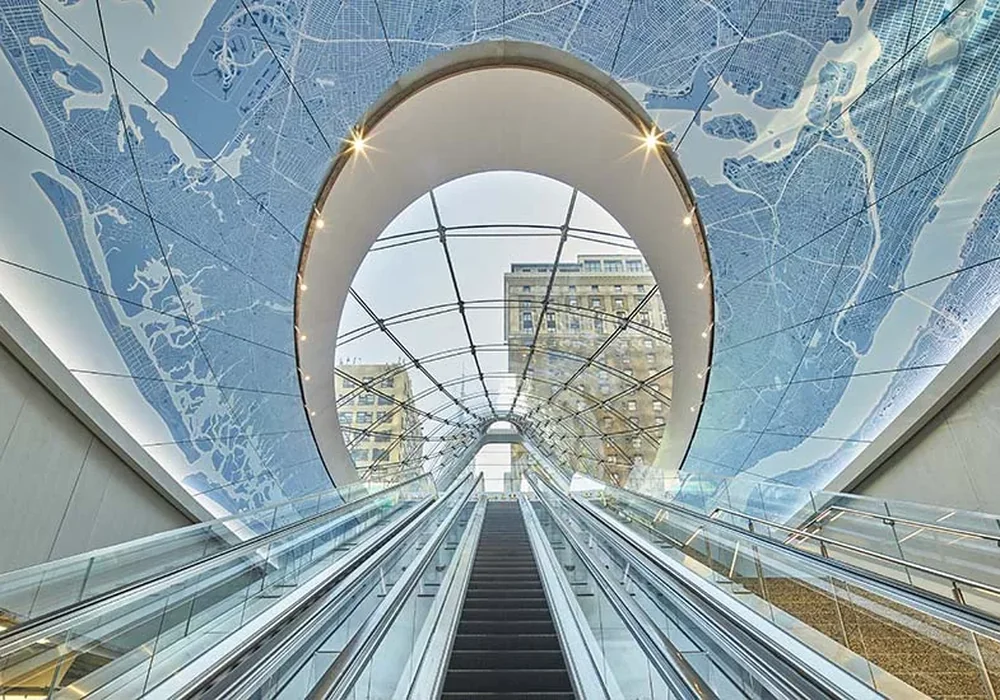 Escalator ascending toward daylight beneath a map-patterned glass canopy